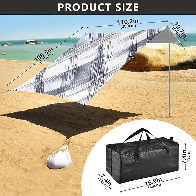 Silver Checked Hand-Drawn Sketch Beach Tent &amp Canopy UPF50+ Protection Easy Setup Shade Sun Shelter with Sandbags &amp Sand Shovel for Backyard and Camping