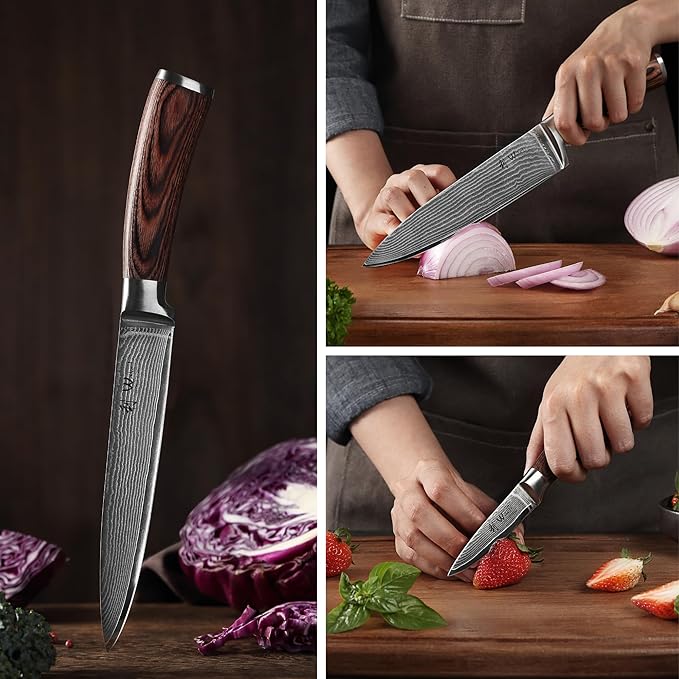 Wakoli EDIB 5-Piece Damascus Knife Set Professional Kitchen Knives made of 67-Layer Damascus Steel with VG10 Core Blades Ergonomic Pakkawood Handles In Wooden Gift Box