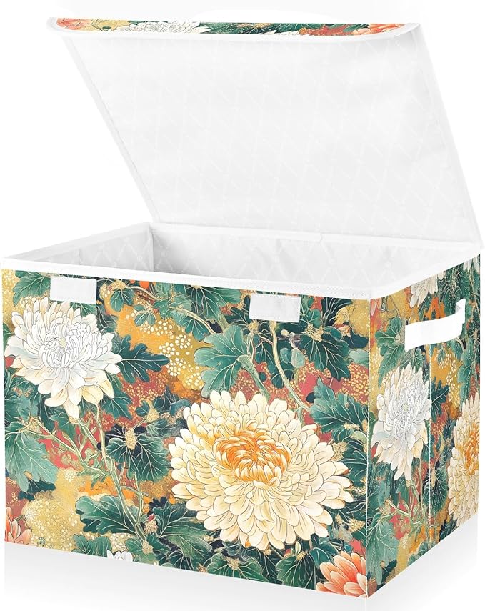 Storage Cube with Lid Japanese Florals Print 16.5×12.6×11.8 IN Collapsible Large Capacity Foldable Storage Basket Bin Organizer