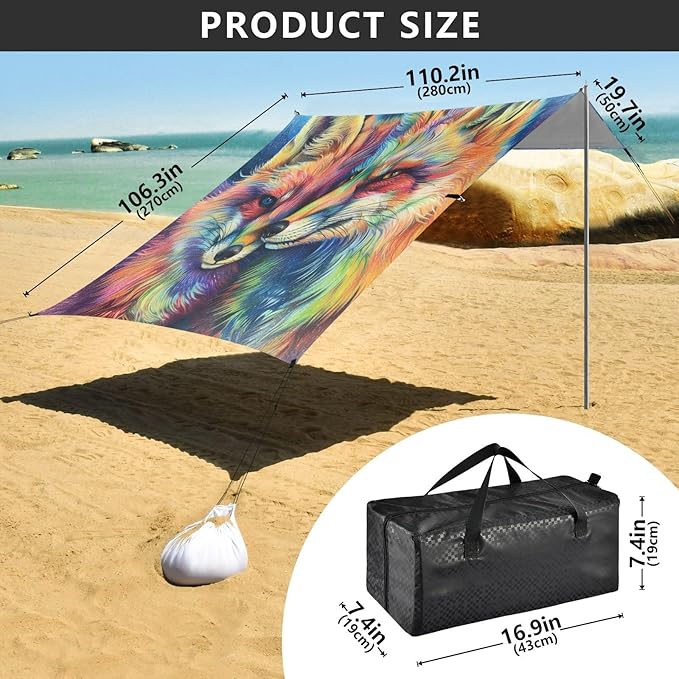 ALAZA Rainbow Foxes Beach Tent Sun Shelter UPF50+ Protection Beach Shade Canopy w/ 4 Sandbags for Outdoor Camping Fishing Backyard Fun Picnic 10x9 ft