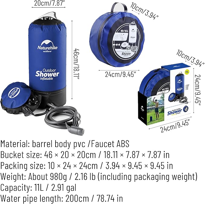 Naturehike Portable Shower for Camping Lightweight Outdoor Shower Bag with Hose and Head RV Shower for Beach Car Cleaning Camp Kitchen Traveling