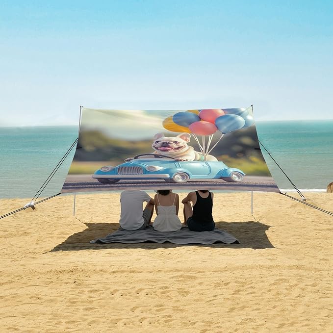 ALAZA French Bulldog Driving Car with Balloons Dog Beach Tent Sun Shelter Portable Canopy Sunshade for Outdoor Camping Picnics Backyard Fun 10x9 ft