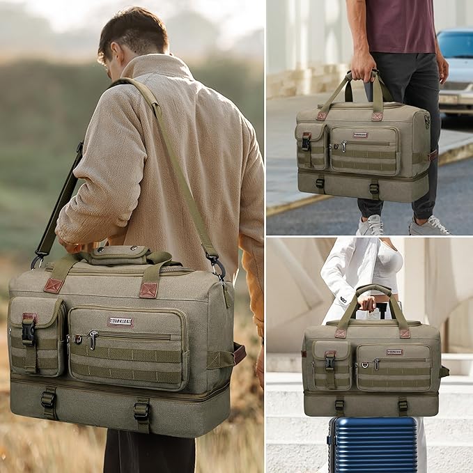 WITZMAN Duffle Bag for Men 50L Canvas Weekender Overnight Bag with Toiletry Bag Sets Travel Duffel Bag Shoes Compartment(A8010/2 Army Green)