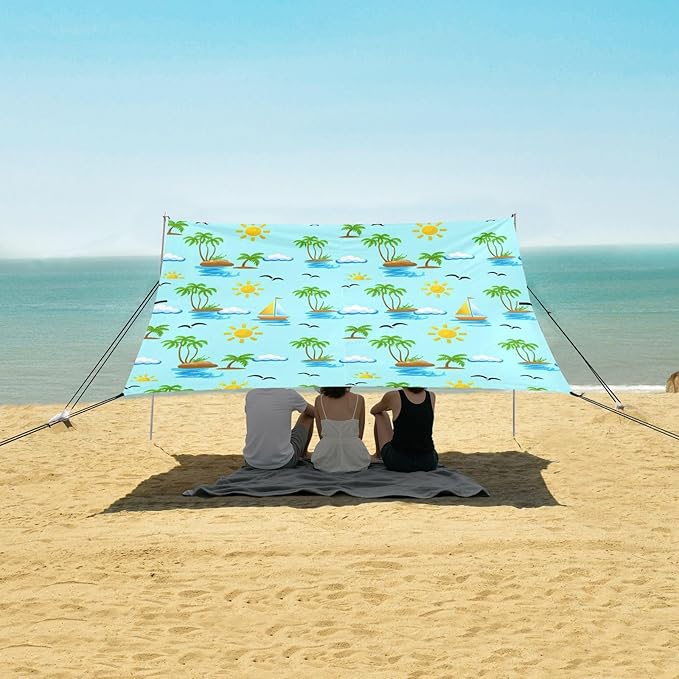 xigua Landscape Beach Tent Sun Shelter with Carrying Bag - Silver Coated Oxford Fabric Beach Canopy for Beach Camping Fishing - Includes Windproof Ropes Sandbags &amp Stakes