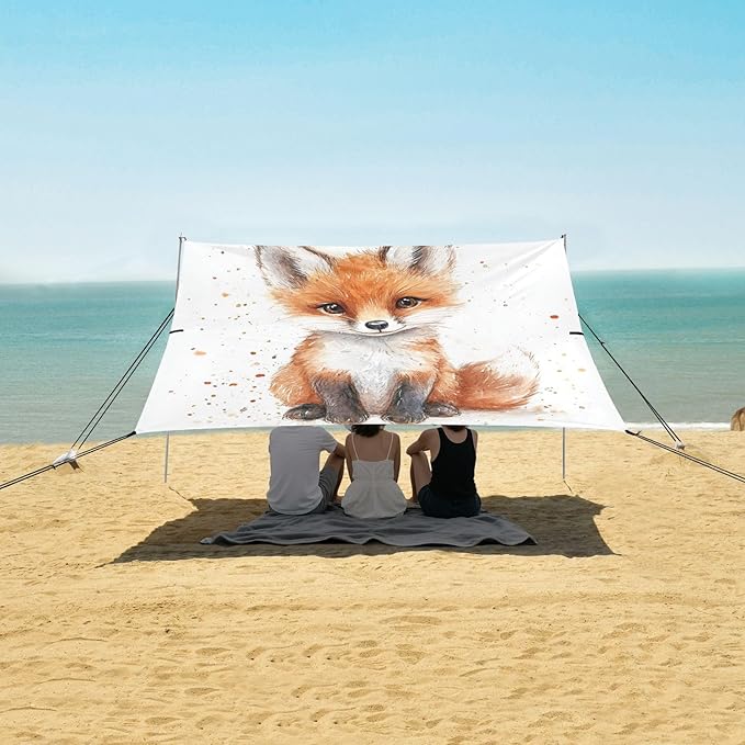 ALAZA Cute Fox Baby Beach Tent Sun Shelter UPF50+ Protection Beach Shade Canopy w/ 4 Sandbags for Outdoor Camping Fishing Backyard Fun Picnic 10x9 ft
