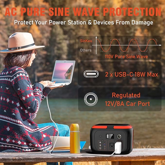 SinKeu Portable Power Station 600W 296Wh/80000mAh Backup Lithium Battery Pack Bank 110V Pure Sine Wave AC Outlet Solar Generator for Camping Emergency RV Outdoor Hurricane Supplies