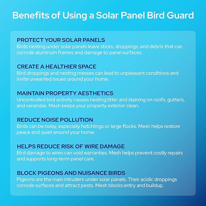 KASTLITE Solar Panel Bird Guard Mesh Kit - 6in x 100ft PVC Coated Galvanized Wire Screen 100 Stainless Clips Pliers &amp Gloves - No Drill Critter Shield Rodent Barrier Fence for Under Panels Bla