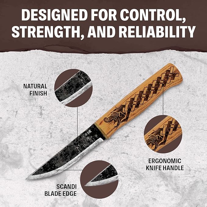 Condor Tool &amp Knife Norse Dragon Fixed Blade Knife with Leather Sheath - 1905 High Carbon Steel - Burnt American Hickory Handle - 3.8 in Blade - 2.8 oz