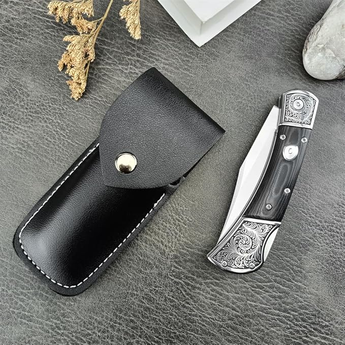 3.35'' High Hardness D2 Steel Blade Mikata Handle Outdoor Pocket Folding Knife Camping Rescue Self Defense Tactical Tool with Leather Sheath