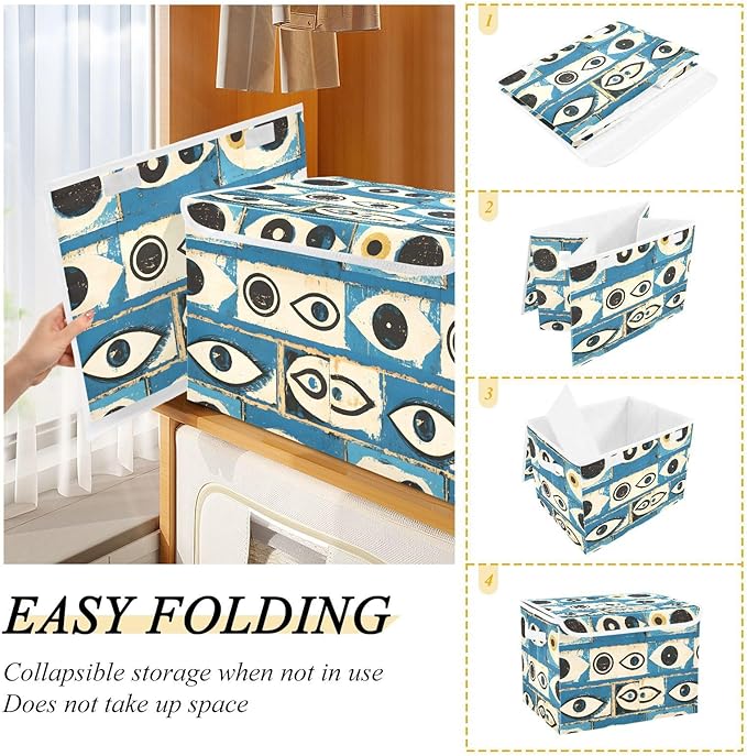 Abstract Eyes Storage Cube Bins Basket with Lid Collapsible Flip-top Fabric with Handle for Home Bedroom Closet Office 16.5×12.6×11.8 in