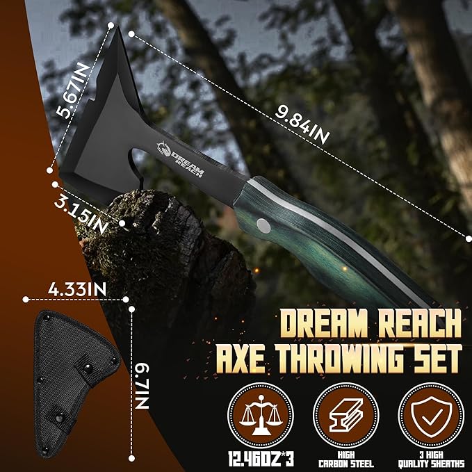 Dream Reach Professional Throwing Axe Set – 3-Pack High-Carbon Steel Throwing Axes for Backyard with Sheaths and Ergonomic Handles for Competition and Recreation for Men