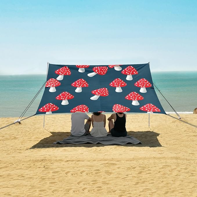 xigua Mushroom Beach Tent Sun Shelter with Carrying Bag - Silver Coated Oxford Fabric Beach Canopy for Beach Camping Fishing - Includes Windproof Ropes Sandbags &amp Stakes