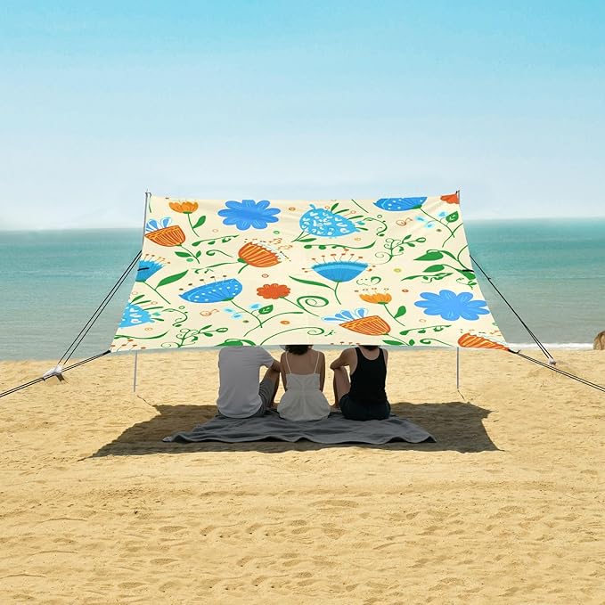 Beach Canopy with Windproof Ropes &amp Sandbags Beach Tent Sun Shade Sun Shelter for Camping Trips Fishing Backyard Fun or Picnics Flowers