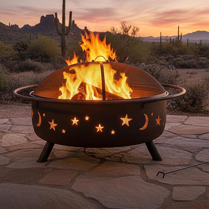 Sunnydaze Cosmic 42-Inch Large Outdoor Fire Pit - Wood-Burning Fire Pit with Round Spark Screen Poker and Built-in Grate