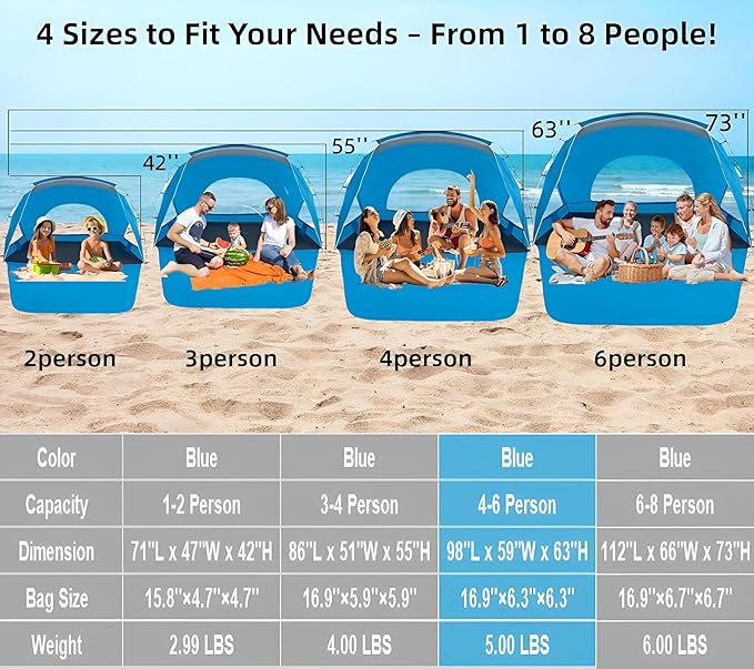Beach Tent Portable Sun Shelter for 2/3/4/6-8 Person with UPF 50+ UV Protection Easy Setup Waterproof Beach Shade Canopy Cabana for Family Outdoor and Picnics Fishing with Carrying Bag
