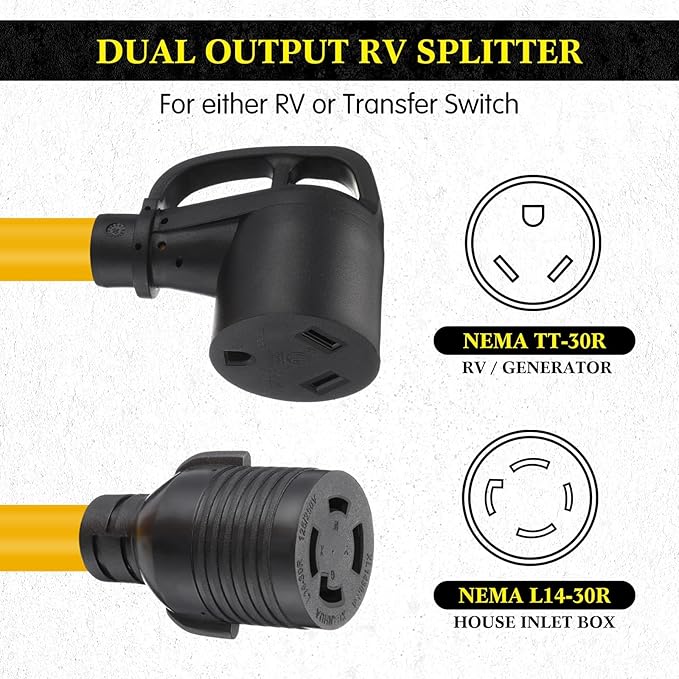 Kanayu L14-30P to TT-30R &amp L14-30R 30 Amp Generator Y Splitter Adapter Cord Compatible with NEMA Generator to EV/RV Charging and House Inlet Box 8/2+10/2 STW AWG ETL Listed 2.5 ft