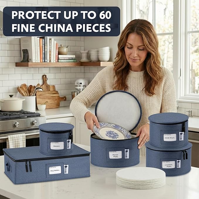 China Storage Hard Shell Containers 5-Piece Set Moving Boxes for Dinnerware Glasses Plates Mugs and Saucers Sturdy Dish Organizer with Dividers for Seasonal Storage - Service for 12 - Denim Blue