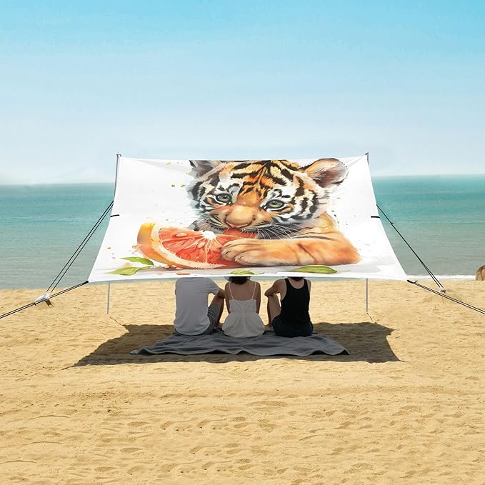 ALAZA Cute Tiger Waterlemon Beach Tent Sun Shelter UPF50+ Protection Beach Shade Canopy w/ 4 Sandbags for Outdoor Camping Fishing Backyard Fun Picnic 10x9 ft