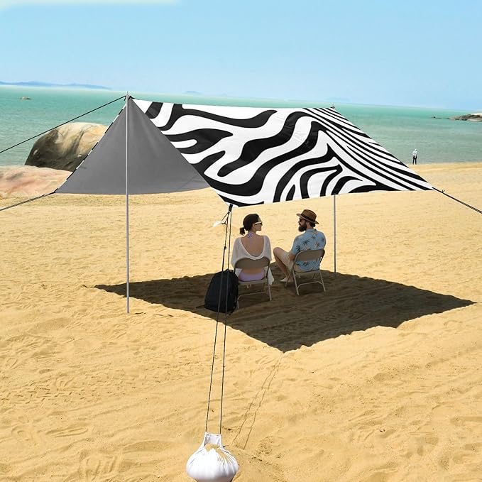 xigua Zebra Elements Beach Tent Sun Shelter with Carrying Bag - Silver Coated Oxford Fabric Beach Canopy for Beach Camping Fishing - Includes Windproof Ropes Sandbags &amp Stakes