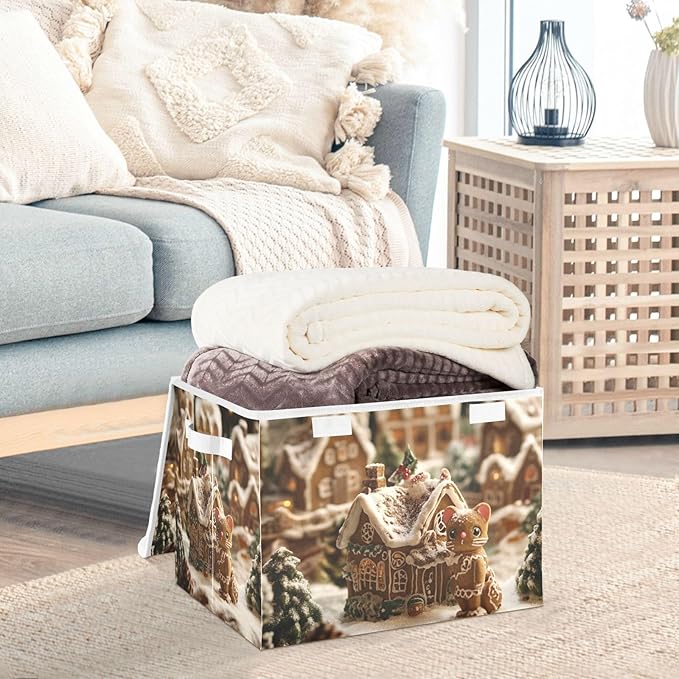 Collapsible Storage Bins with Lids Decorative Fabric Storage Cubes Closet Organizer and Storage Basket Boxes Containers for Clothes Box Chest Nursery Folding Rectangle Cute Christmas Gingerbr