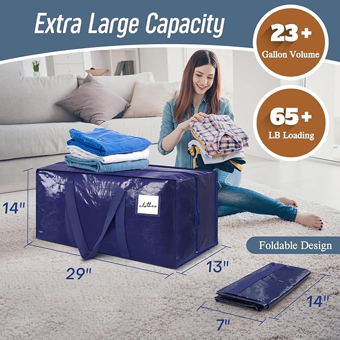 12 Pack Extra Heavy Duty Large Moving Bags with Strong Zipper &amp Comfortable Handles Sturdy &amp Durable Clothes Storage Bags Totes Bins Packing Moving Boxes for College Supplies Dark Blue