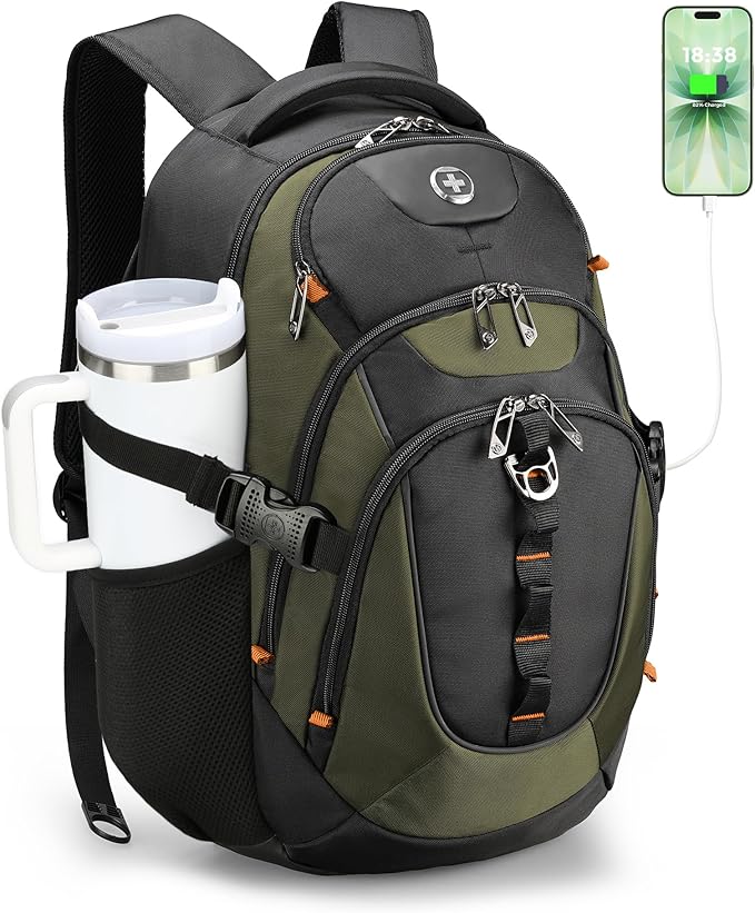 Swissdigital Design Laptop Backpack with USB Charging Port Travel Backpack Fits 15.6 inches Computer 31L College School Backpack for Men Olive/Black | SD803-26