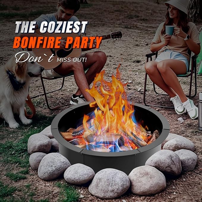 INNO STAGE 31 Inch Fire Pit Ring (35 Inch Outer) Heavy Duty Steel Fire Ring Outside Large Round Fire Pit Insert DIY Camping Fire Ring Above or In-Ground Black Carbon for Patio Backyard Bonfire