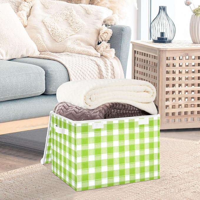 Spring Green Gingham Checker Storage Box with Lid 1 PC Foldable Storage Bin with Lids Stackable Storage Bins Cube Closet Organizer Basket with Flip-Top Lid &amp Handles for Shoes Books Towels