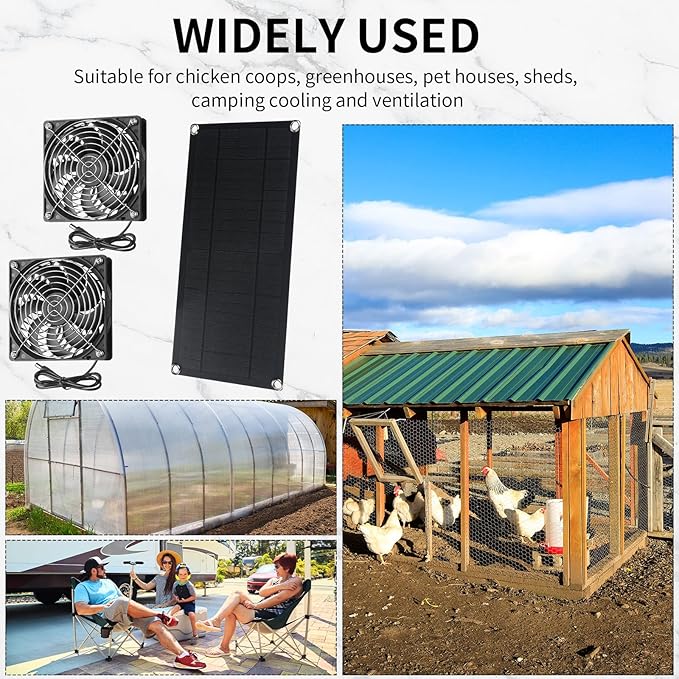 10w 12v Solar Panel Dual Fans Kit Waterproof Outdoor Solar Powered Exhaust Ventilation Fan Dual USB Portable Solar Attic Fan for Chicken Coop Greenhouse Shed PET Houses Window (1 Set)