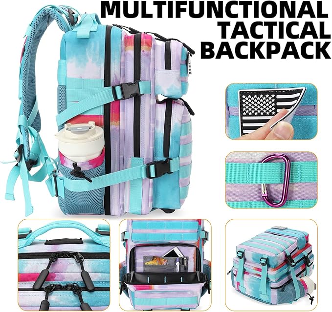 Lovelinks21 25L Tactical Military Backpack Small Travel Backpack for Men and Women Assault Pack Bug Out Bag Molle Daypack Gym Backpack with Bottle Holder (Rainbow Tie Dye)