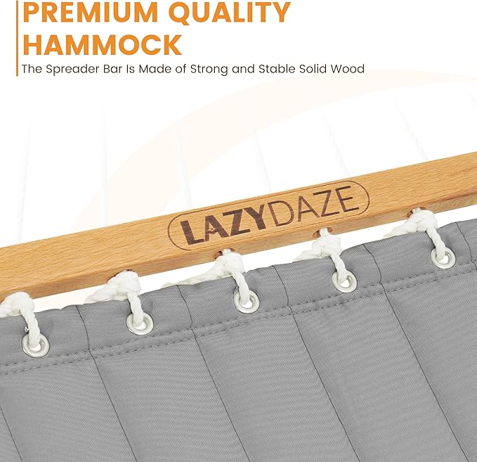 Lazy Daze Hammocks 12 FT Double Quilted Fabric Hammock with Spreader Bar and Detachable Pillow 2 Person Double for Outside Patio Backyard 450lbs Capacity Light Gray