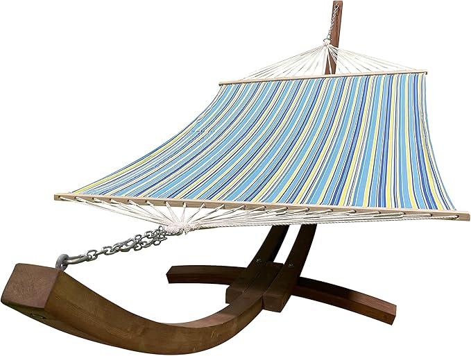 14 Ft. Water Treated Wooden Arc Hammock Stand + Premium Quilted Double Padded Hammock Bed. 2 Person Bed.450 LB Capacity(Teak Stain/Teal &amp Yellow Stripe)