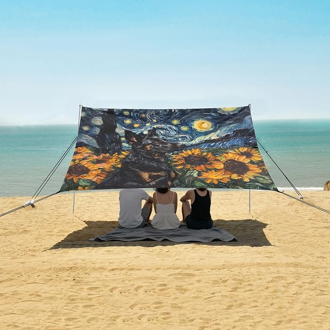 ALAZA Dogs Sunflowers Beach Tent Sun Shelter UPF50+ Protection Beach Shade Canopy w/ 4 Sandbags for Outdoor Camping Fishing Backyard Fun Picnic 10x9 ft