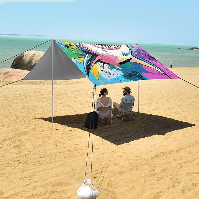 Funny Sharks Beach Canopy UPF50+ Protection Lightweight Shade Sun Shelter with Sand Pockets for Camping Picnics Backyard