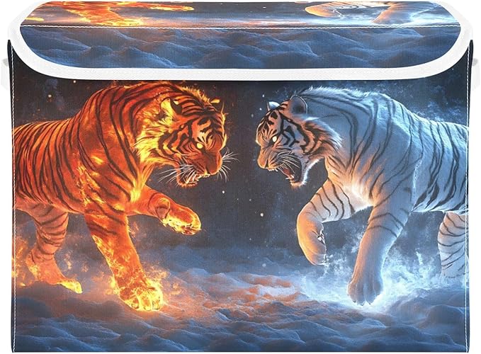 Storage Cube with Lid Animal Ice Fire Print 16.5×12.6×11.8 IN Collapsible Large Capacity Foldable Storage Basket Bin Organizer