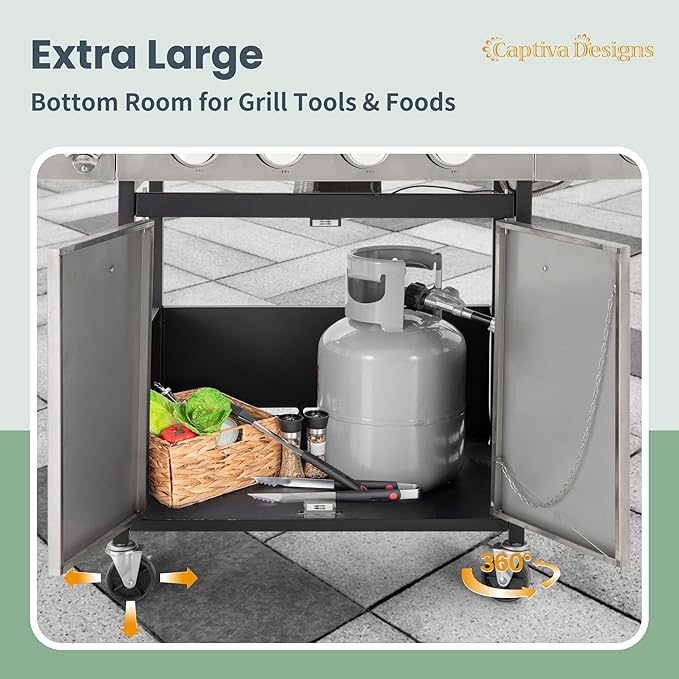 Captiva Designs 4-Burner Propane Gas BBQ Grill with Side Burner &amp Porcelain-Enameled Cast Iron Grates 42000 BTU Output Stainless Steel Grill for Outdoor Cooking Kitchen and Patio Backyard Barbec