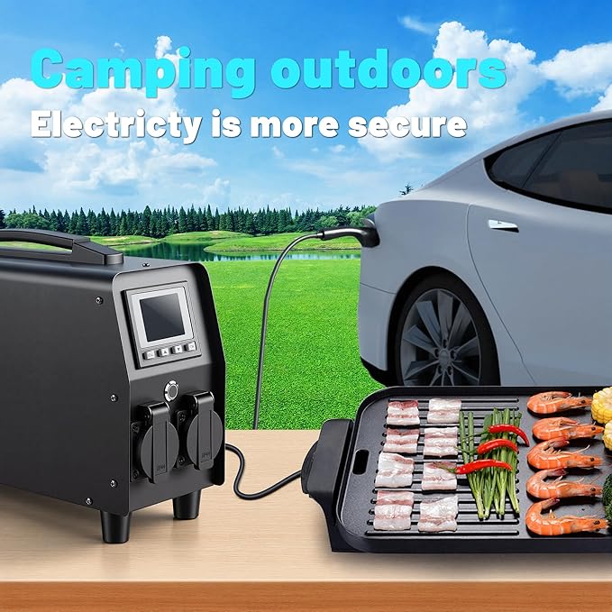3KW V2L Discharger for Tesla Advanced EV Power Gun with 30A 110V-120V Output &amp Detailed Screen Outdoor Emergency Power Supply (NEMA 5-15)