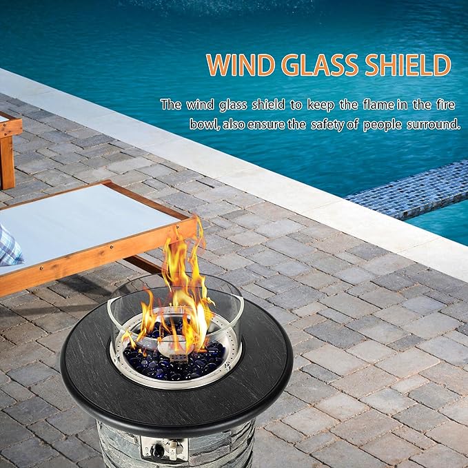 BAIDE HOME Outdoor Propane Fire Pit Table Round Porcelain Tile Top 22 Fire Bowl Column W/ 40000 BTU Firepit Table Auto-Ignition 400D Cover Glass Rocks for Outside Patio