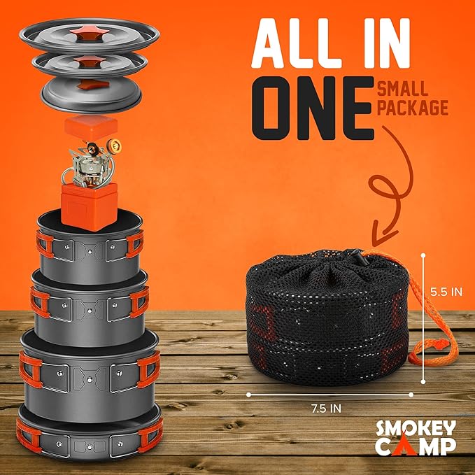 Smokey Camp Camping Cookware Mess Kit Set with Stove - Backpacking Camping Pots and Pans Set All in One Non-Stick Camping Cooking Set Portable Stove Hiking Picnic Outdoor &amp Camping Cookware S