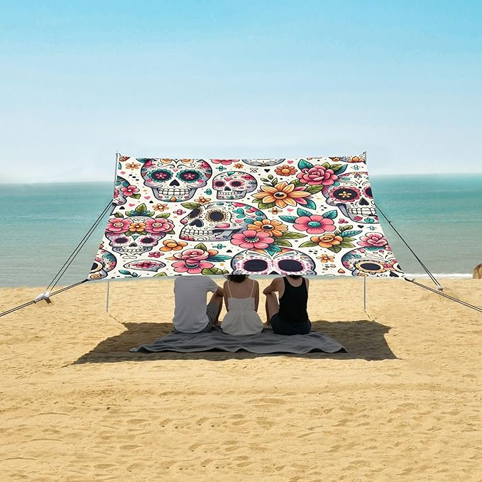 ALAZA Sugar Skull Day of Dead Flower Beach Tent Sun Shelter UPF50+ Protection Beach Shade Canopy w/ 4 Sandbags for Outdoor Camping Fishing Backyard Fun Picnic 10x9 ft