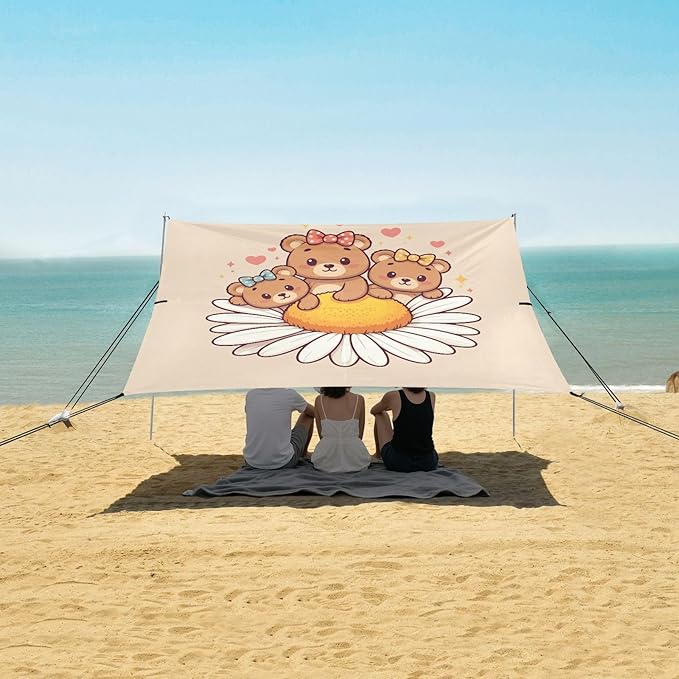 Cute Bears on Daisy Beach Tent Sun Shelter Set UPF50+ UV Protection 10.5 x 9.19 FT Camping Shade Canopy with Sandbags Sand Anchors Carrying Bag and Others