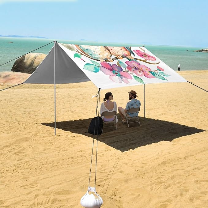 ALAZA Cute Owl Flowers Beach Tent Sun Shelter UPF50+ Protection Beach Shade Canopy w/ 4 Sandbags for Outdoor Camping Fishing Backyard Fun Picnic 10x9 ft