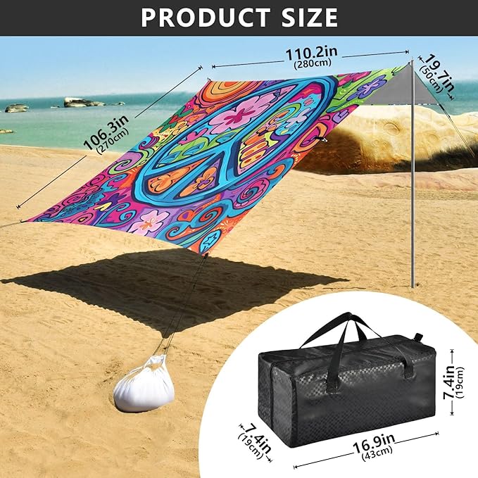ALAZA Cute Peace Sign Beach Tent Sun Shelter UPF50+ Protection Beach Shade Canopy w/ 4 Sandbags for Outdoor Camping Fishing Backyard Fun Picnic 10x9 ft