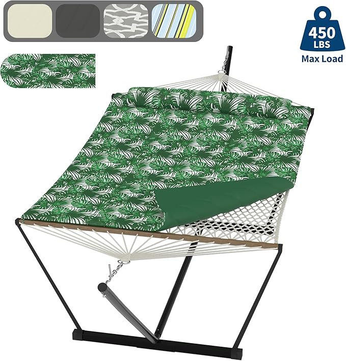 2 Person Outdoor Hammock with Stand Person Cotton Rope Hammock with Polyester Pad Portable Hammock with Carrying Bag for Patio Garden Beach Backyard Camping