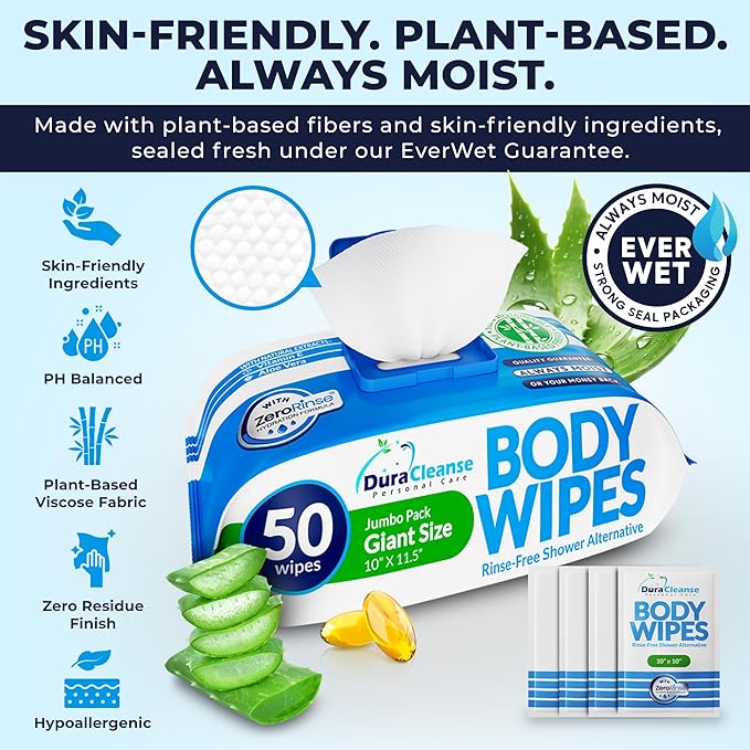 XL Body Wipes for Adults Bathing – 50 Ct + 4 Travel Shower Wipes 10 x 11.5 Thick Cleansing No Rinse Bath Wash Sheets for Elderly Incontinence Men &amp Women Camping Essentials Disposable Washclot