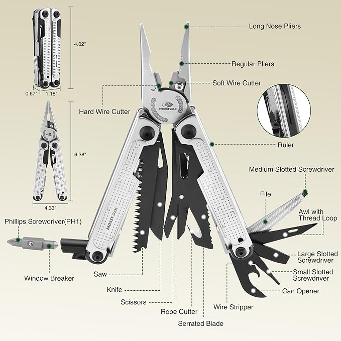 MOSSY OAK Multitool 20-in-1 Stainless Steel Multi Tool Pliers Self-locking Pliers with Sheath-Perfect for Outdoor Survival Camping Hiking