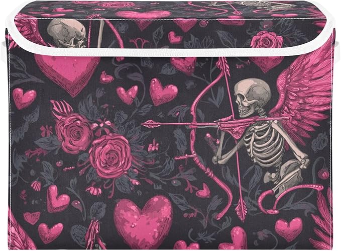 Valentine Skeleton Hearts Black Storage Box with Lid 1 PC Foldable Storage Bin with Lids Stackable Storage Bins Cube Closet Organizer Basket with Flip-Top Lid &amp Handles for Shoes Books Towels
