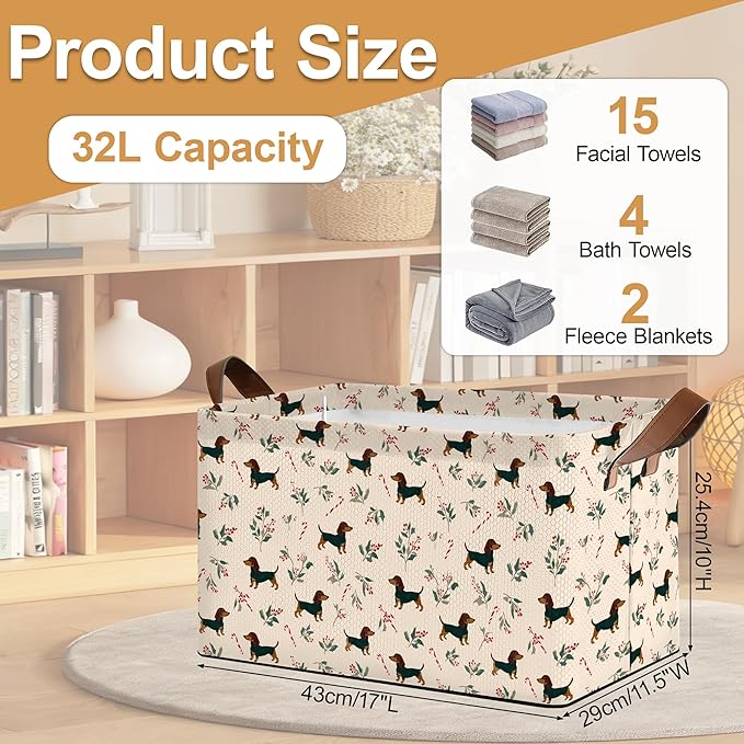 Christmas Dachshund Storage Bin with Handles Basket Storage Organizer for Shelves Closet Nursery Book Laundry Hamper &amp Home Decor