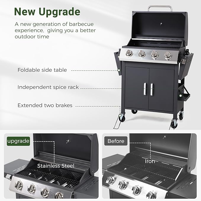 HUGROVE 4 Burner Propane Gas BBQ Grill with Wheels 40000 BTU Output Stainless Steel Barbecue Grill for Backyard &amp Outdoor Cooking Easy to Assemble Foldable Side Tables &amp Spice Rack (Black)