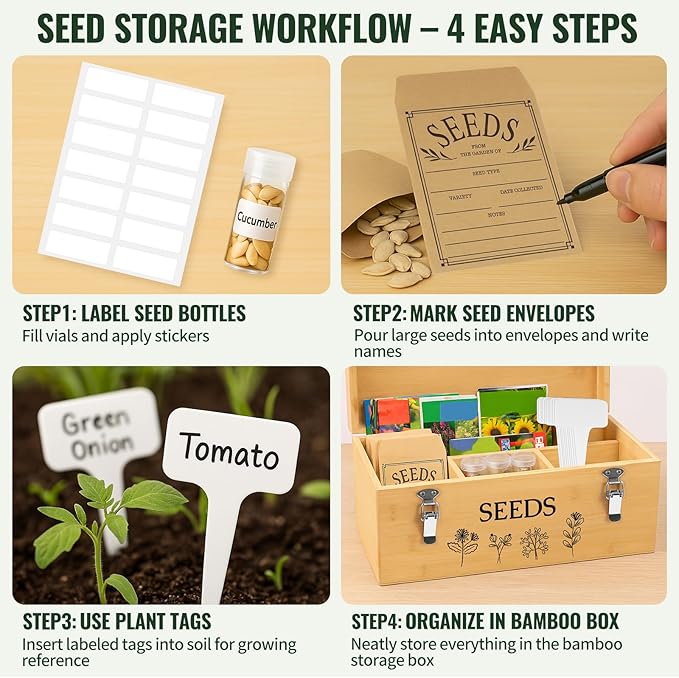Large Bamboo Wood Seed Storage Organizer Box with LidDouble-Layer Seal Design Seed Saving Box with 304 Stainless Steel Safety LockHandlesExtra Seed Envelopes and Labels (Wood)